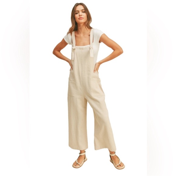 HYFVE Pants - Chic Beige Cropped Wide Leg Denim Jumpsuit!